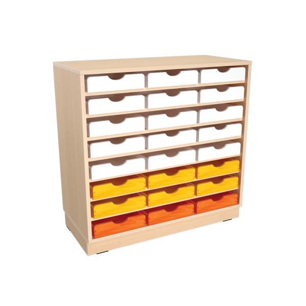Flexi Schrank M, auf Sockel + 24 Holzbehälter flach, weiss-gelb-orange (Flexi 141)
