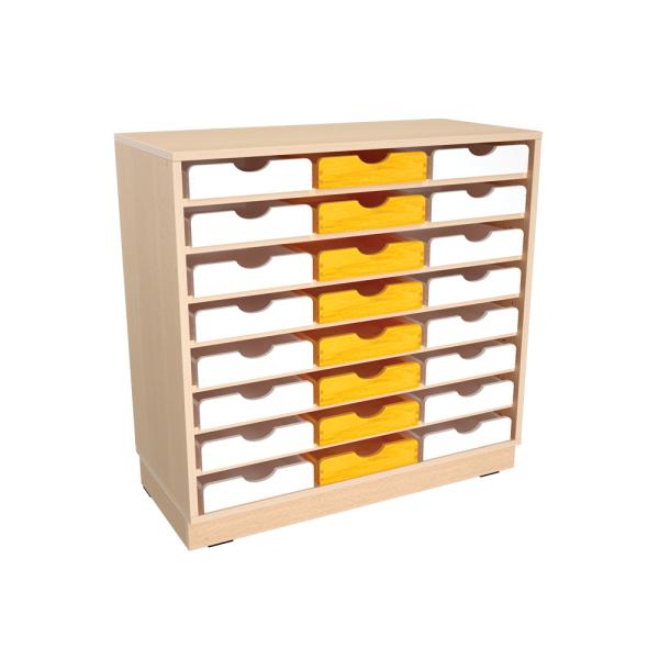 Flexi Schrank M, auf Sockel + 24 Holzbehälter flach, weiss-gelb (Flexi 142)