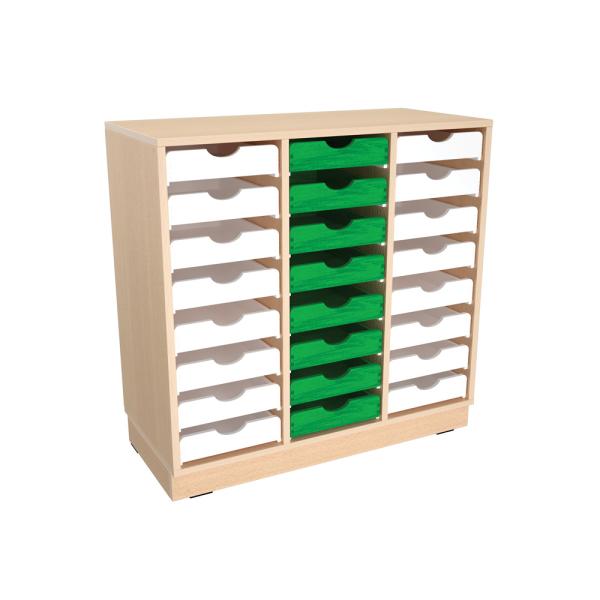 Flexi Schrank M mit 2 Trennwänden, auf Sockel + 24 Holzbehälter flach, weiss-grün (Flexi 143)