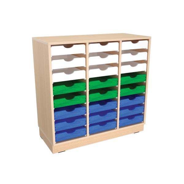 Flexi Schrank M mit 2 Trennwänden, auf Sockel + 24 Holzbehälter flach, weiss-grün-blau (Flexi 144)