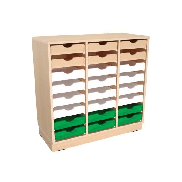 Flexi Schrank M mit 2 Trennwänden, auf Sockel + 24 Holzbehälter flach, Buche-weiss-grün (Flexi 146)