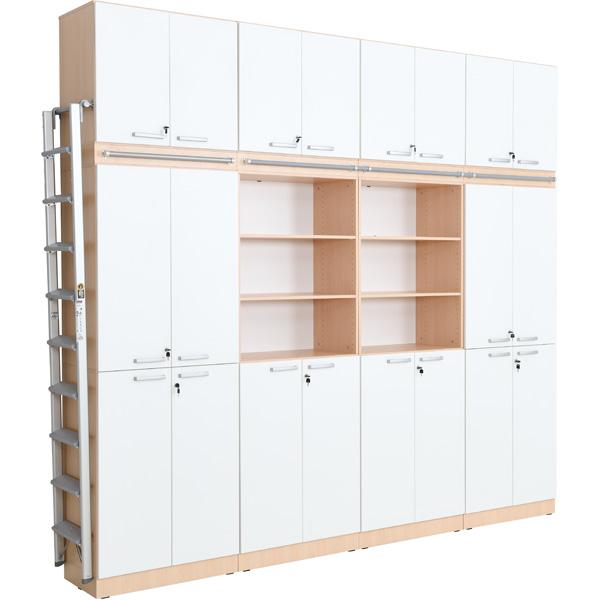 Regalwand mit Leiter, T 48, 4-reihig - Ahorn, Türen weiss (Grande 27)