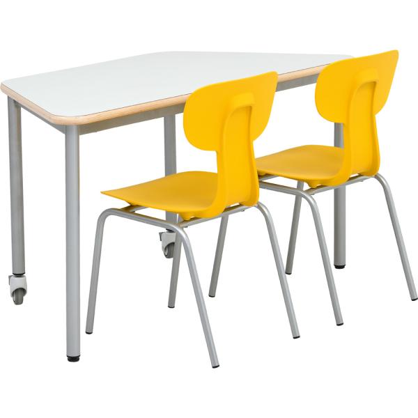 Set Nr. 142 - Gr. 5, Tisch Mila HPL (trapezförmig, grau) auf Rollen, mit Stühlen Ergo gelb, SH 43 cm