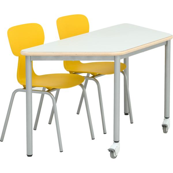 Set Nr. 142 - Gr. 5, Tisch Mila HPL (trapezförmig, grau) auf Rollen, mit Stühlen Ergo gelb, SH 43 cm
