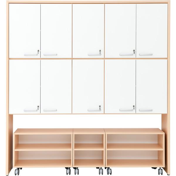 Schrankwand mit Rollregalen, T 38 - Ahorn, Türen weiss (Grande 56)