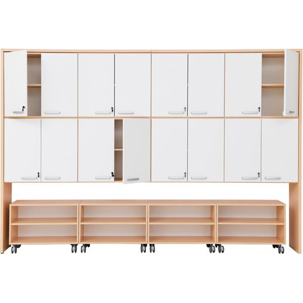 Schrankwand mit Rollregalen, T 38 - Ahorn, Türen weiss (Grande 57)