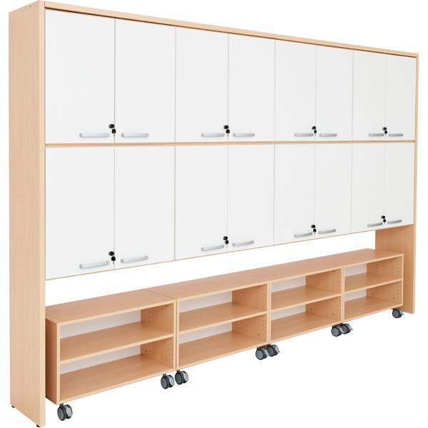 Schrankwand mit Rollregalen, T 38 - Ahorn, Türen weiss (Grande 57)