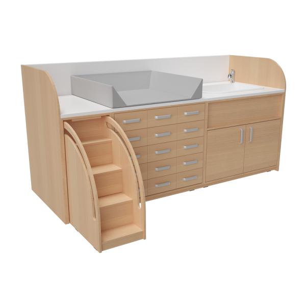 Wickelkommoden-Landschaft 1, T 90 cm, mit Badewanne, Wickelauflage grau