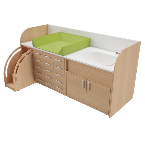 Wickelkommoden-Landschaft 1, T 90 cm, mit Badewanne, Wickelauflage hellgrün