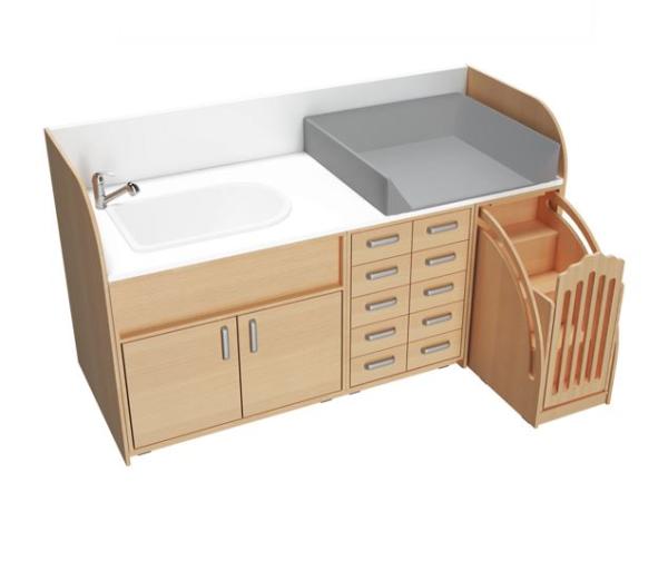 Wickelkommoden-Landschaft 8, T 75 cm, mit Badewanne, Wickelauflage grau