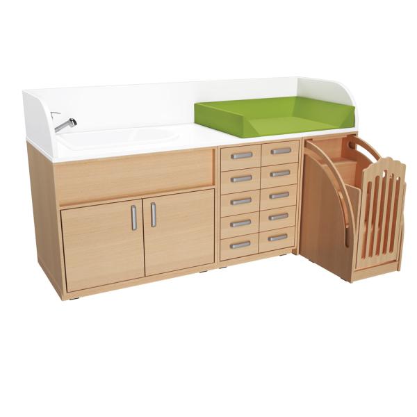Wickelkommoden-Landschaft, T 75 cm, mit Badewanne, Treppe mit Tür