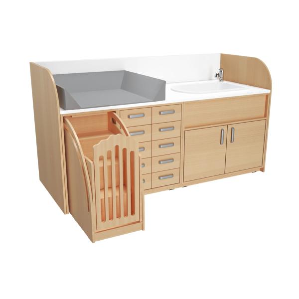 Wickelkommoden-Landschaft 7, T 90 cm, mit Badewanne, Wickelauflage grau