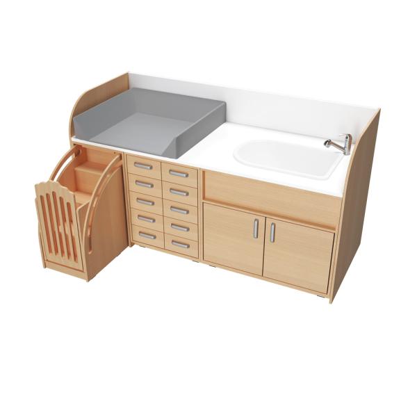 Wickelkommoden-Landschaft 7, T 90 cm, mit Badewanne, Wickelauflage grau