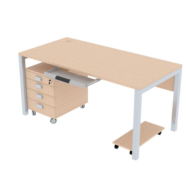 OPTO Schreibtisch 160, Ahorn E, mit Rollcontainer und Tastaturauszug