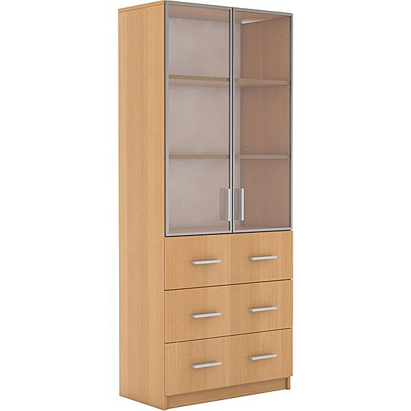 EXPO Schubladenschrank 185 mit Glasvitrine, Alurahmen, Buche