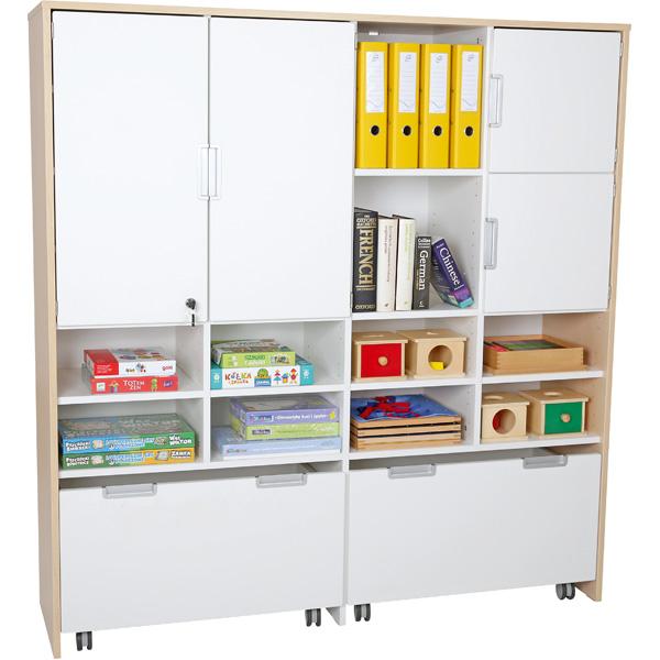 Mehrfunktionen-Schrank XL mit2 breiten Rollbehältern, B 154 - weiss - geschlossen (Quadro 47-180°)