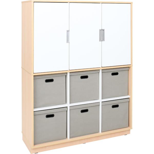 Schrank mit 6 Textilboxen und Türen, B 116, H 164, Ahorn - weiss/grau (Quadro 96-180°)