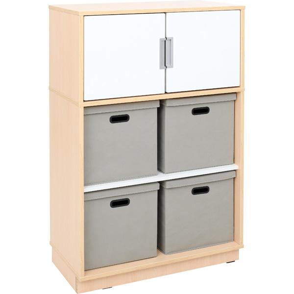 Schrank mit 4 Textilboxen und Türen, B 79, H 126, Ahorn - weiss/grau (Quadro 103-180°)