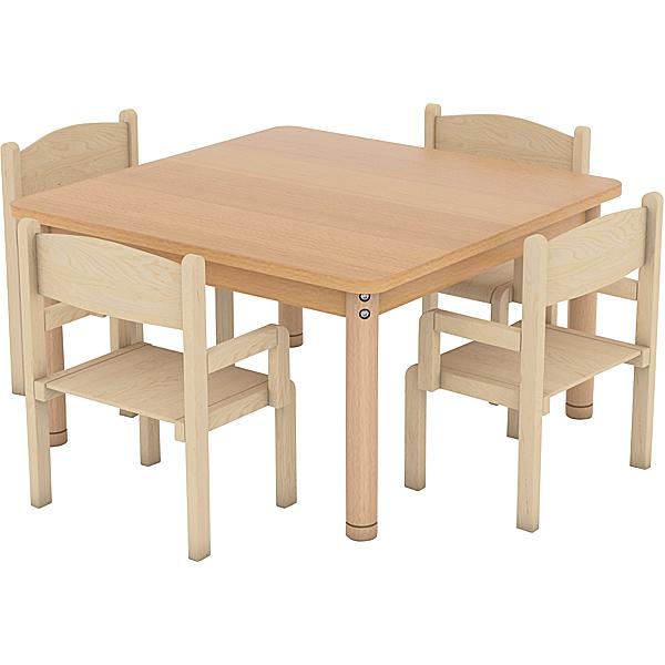 Set Nr. 1 - Quadratischer Tisch aus Ahorn mit 4 Stühlen aus Buche, Grösse 0