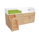 Wickelkommoden-Landschaft, T 75 cm, mit Badewanne, Treppe mit Tür